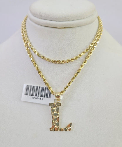 10k Gold Initial L Charm Rope Chain 16"-26" 2.5mm SET Necklace Alphabet Pendant