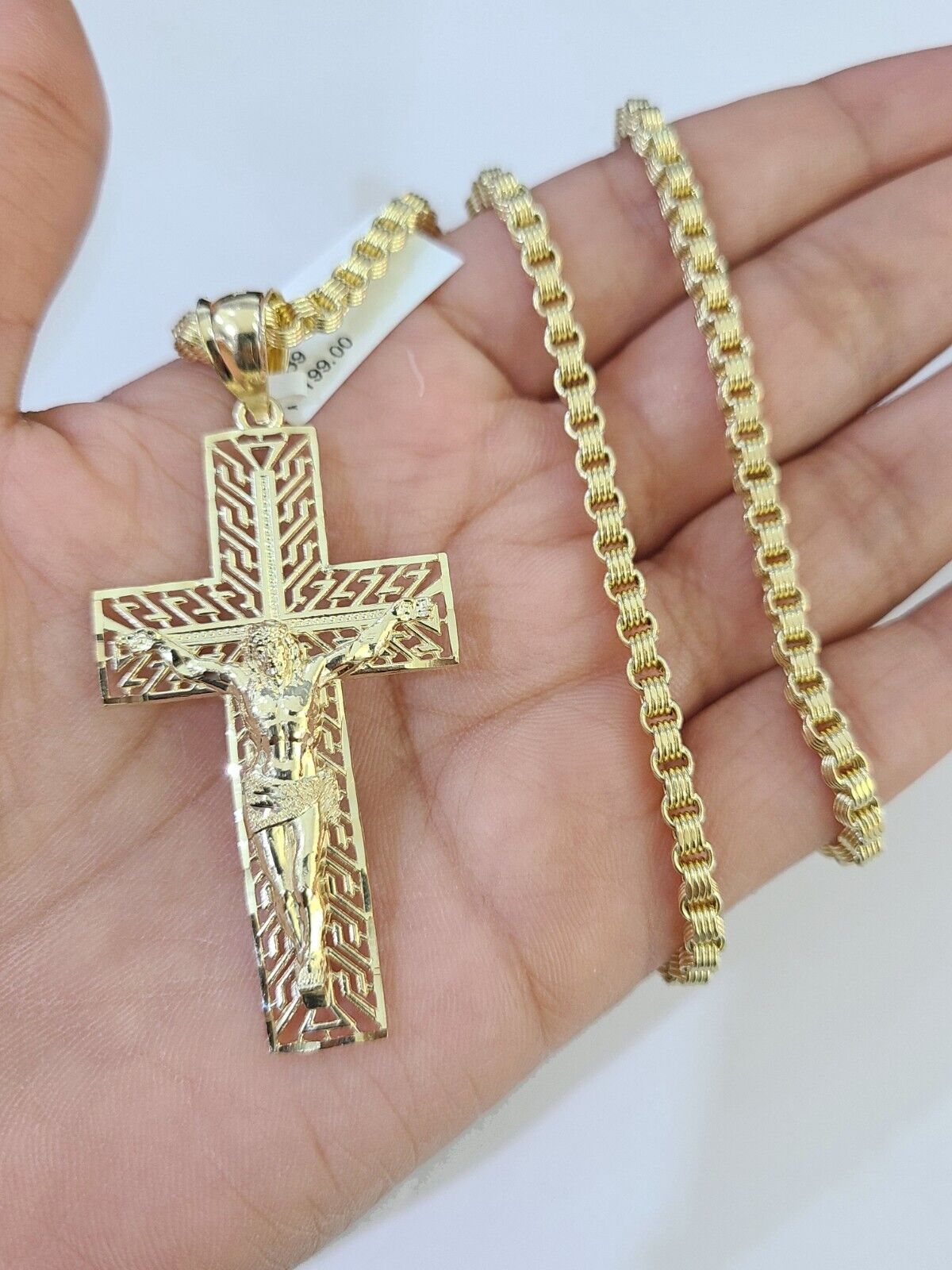 10k Gold Byzantine Necklace Jesus Cross Charm 18-26 inches 3mm SET Chain