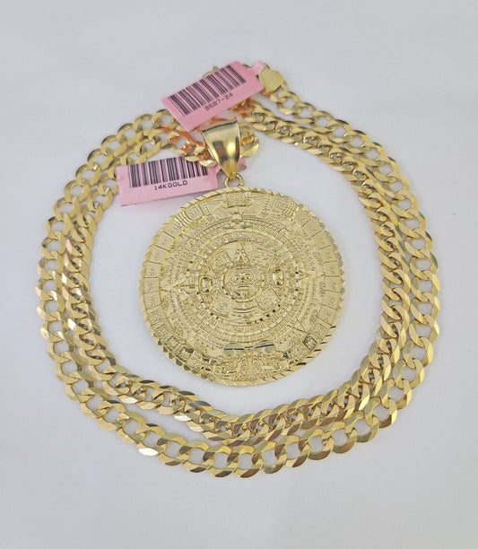 14k Gold Chain Mayan Calendar Charm Solid Cuban Curb 5mm 20"-28" SET Necklace