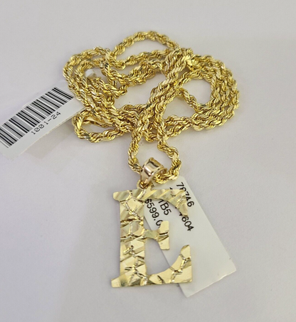 10k Gold Initial E Charm Rope Chain 16"-26" 2.5mm SET Necklace Alphabet Pendant