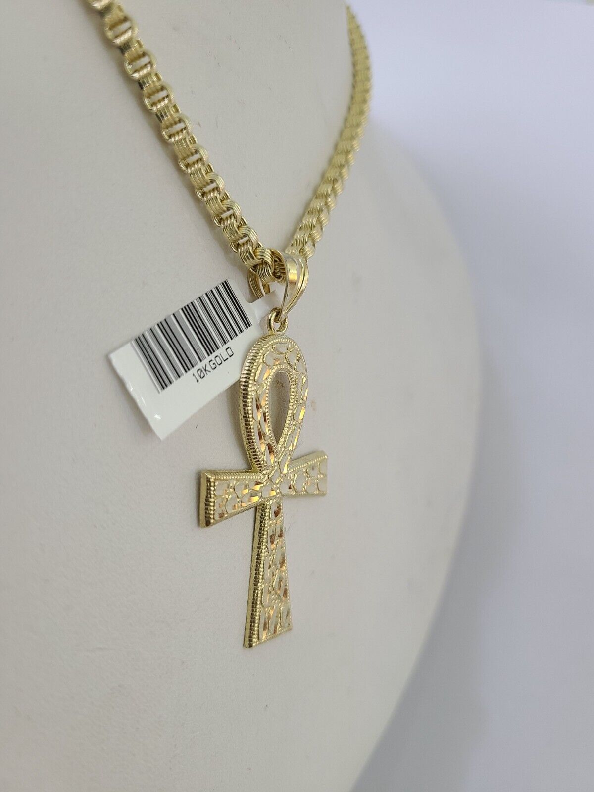 10k Gold Byzantine Necklace Ankh Cross Charm 18-28 inch 3mm SET Chain Pendant