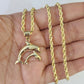 10k 3mm Rope Chain Dolphin Pendant 18" 20" 22" 24" 26" 28" 30" Gold Set Charm