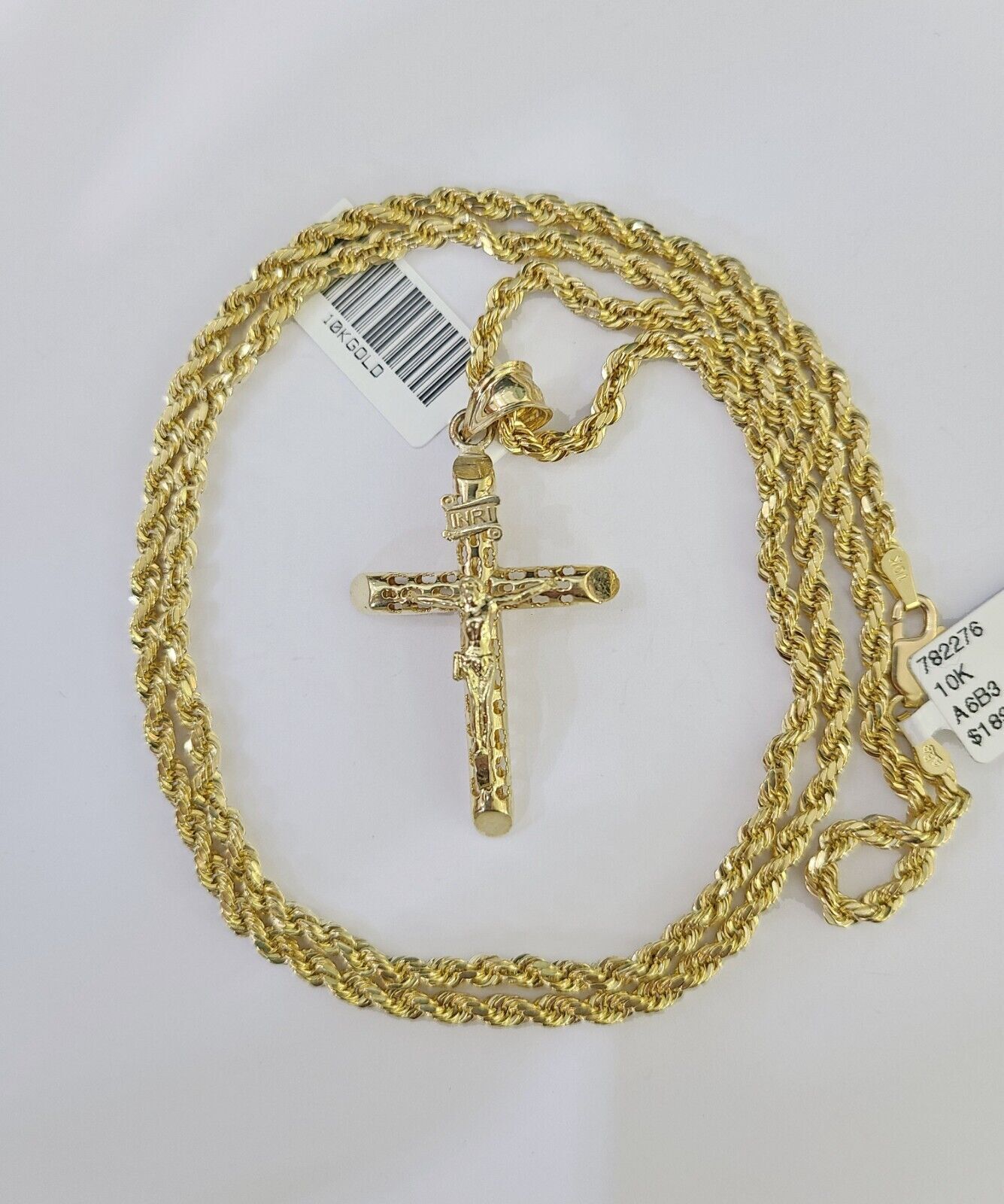 Real 10k 3mm Rope Chain INRI Cross Pendant 18" 20" 22" 24" 26" Gold Set