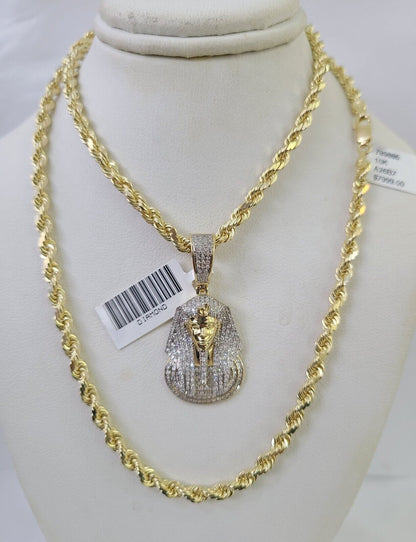 10k Solid Rope Chain Pharaoh Charm Diamond Set 4mm 20"-28" Necklace Gold Yellow