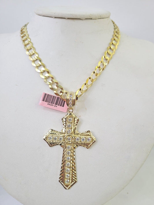 14k Solid Cuban Curb Link Chain Jesus Cross Charm Pendant 8mm 22inch YellowGold
