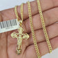 10K Gold Miami Cuban Chain INRI Jesus Cross 18"-28" 3mm Pendant Necklace SET