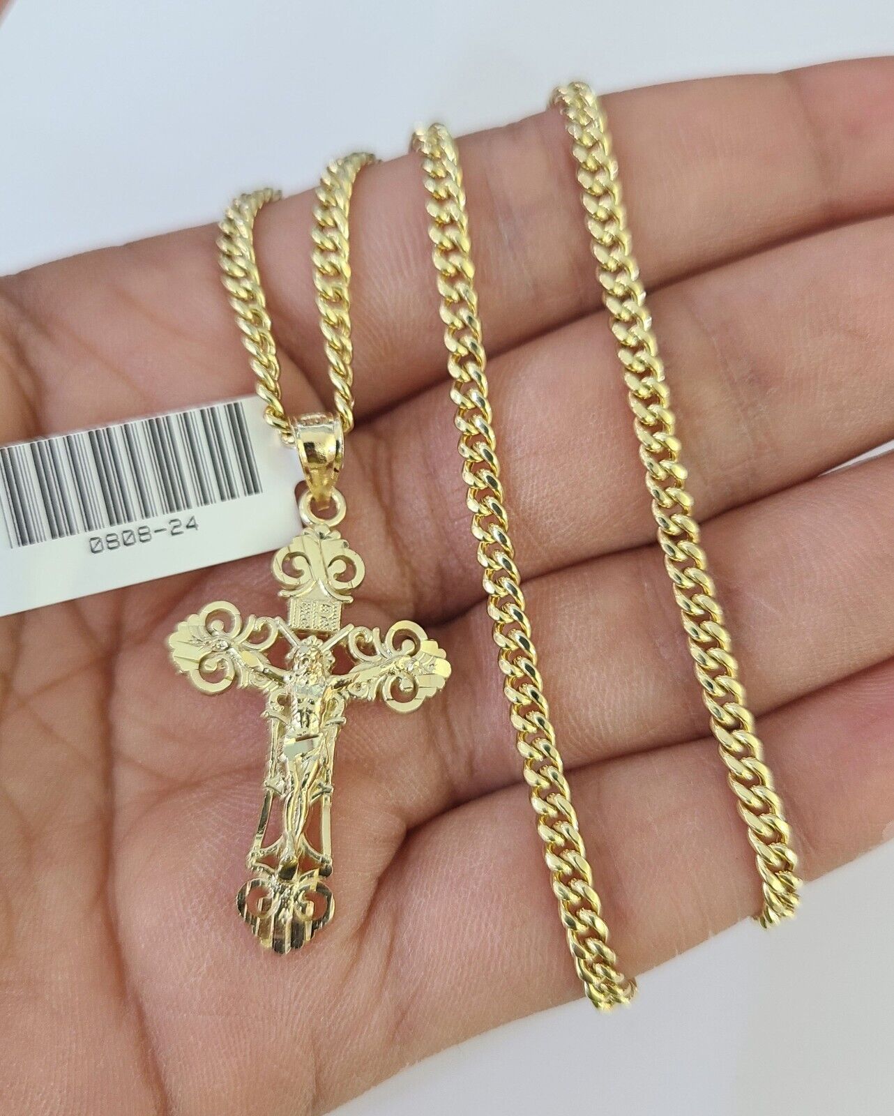 10K Gold Miami Cuban Chain INRI Jesus Cross 18"-28" 3mm Pendant Necklace SET