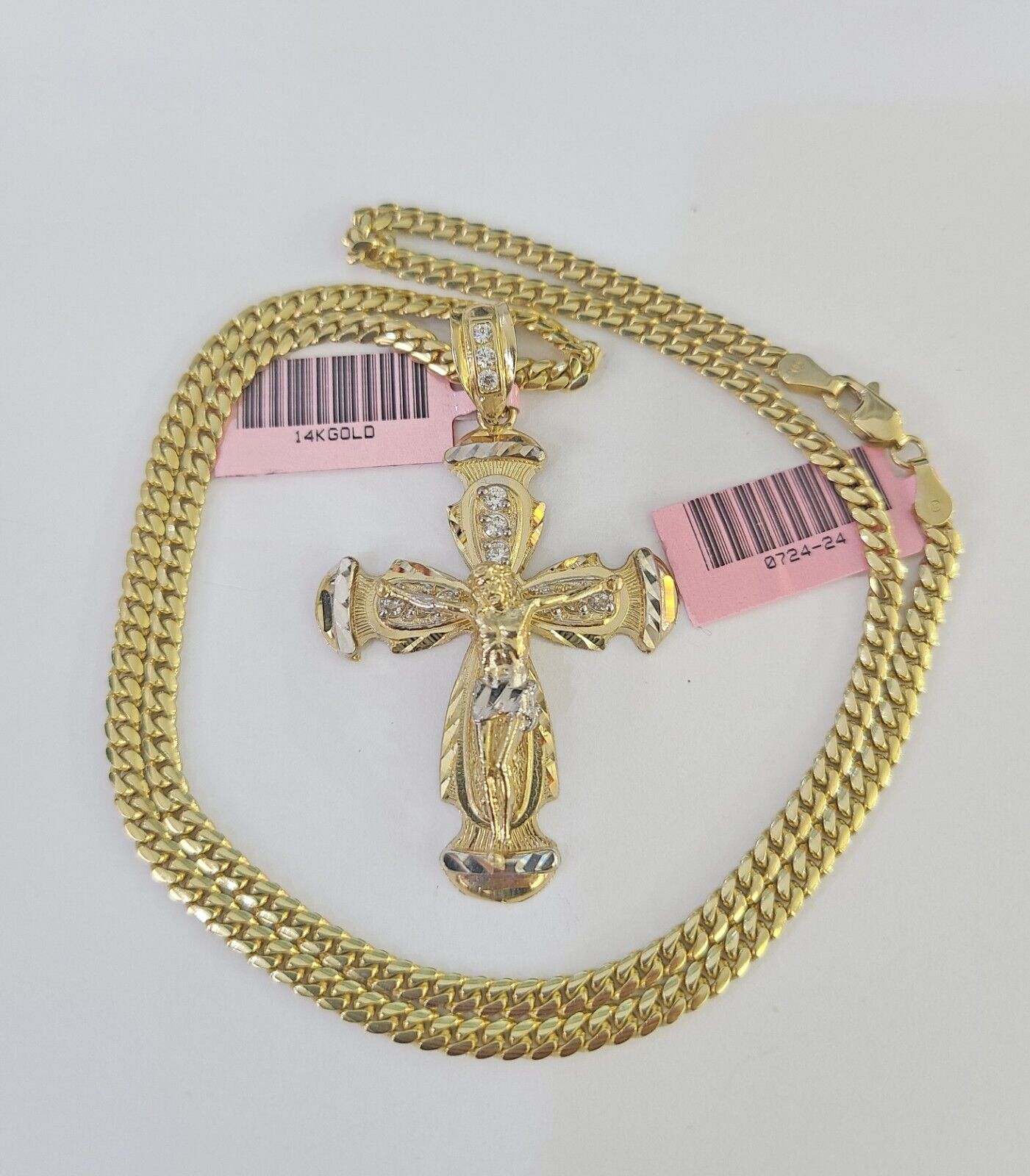 Real 14k Solid Chain Cross Charm Set Miami Cuban Link 3mm Necklace Pendant Gold