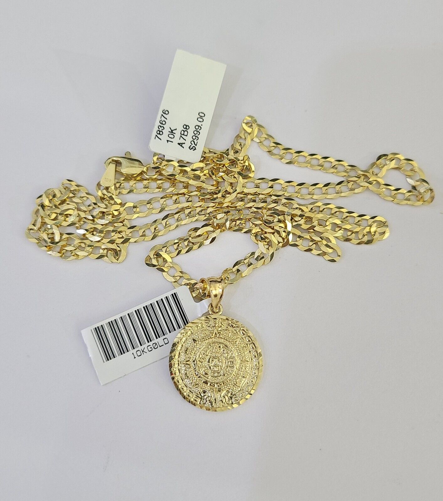 10k Gold Cuban Curb Chain Mayan Calendar Charm Solid 4mm 18"-28" SET Necklace