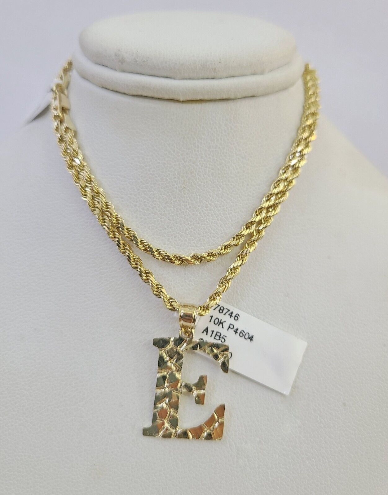 10k Gold Initial E Charm Rope Chain 16"-26" 2.5mm SET Necklace Alphabet Pendant