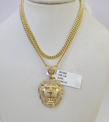 10K Gold Miami Cuban Chain Roaring Lion 18"-28" 3mm REAL Pendant Necklace SET