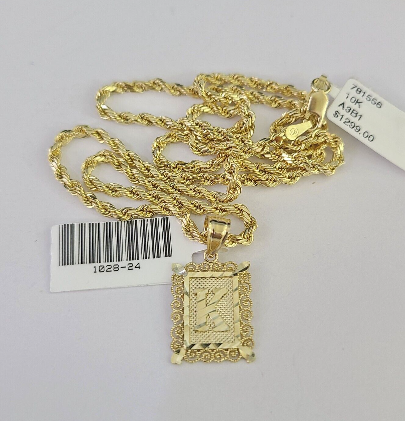 10k Gold Initial K Charm Rope Chain 16"-26" 2.5mm SET Necklace Alphabet Pendant