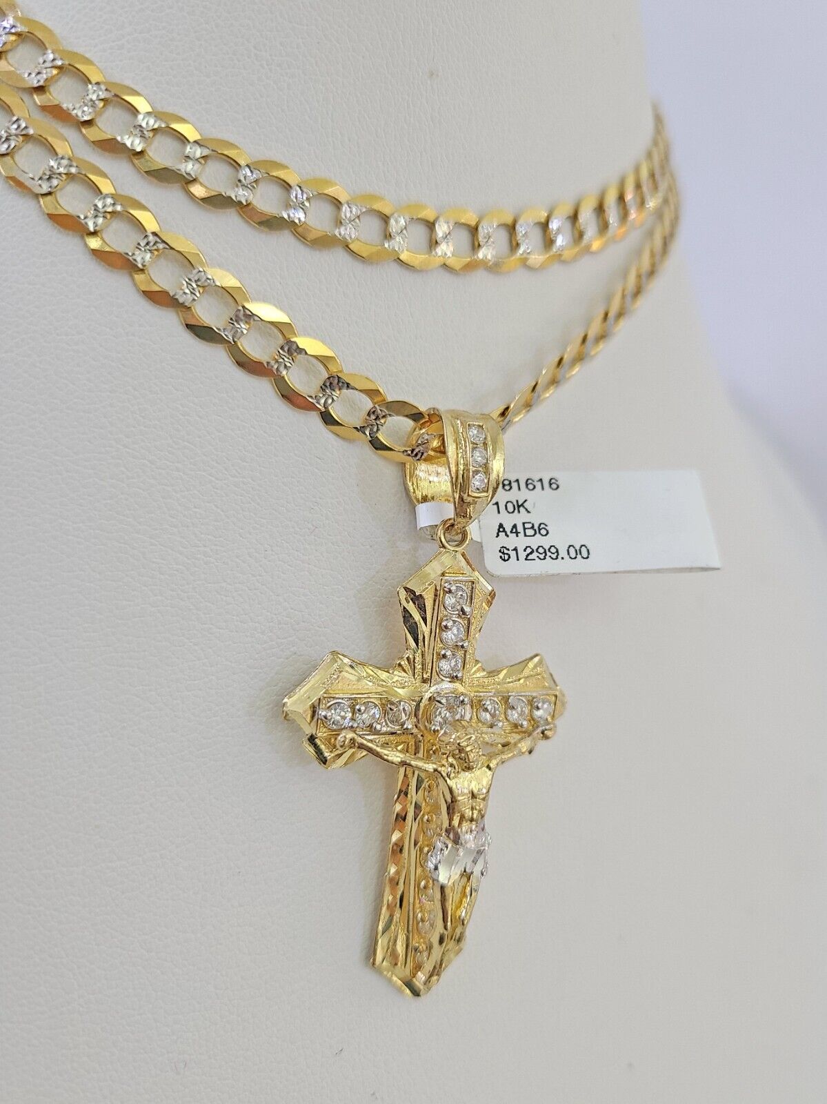 10k Gold Chain Cuban Curb Link Jesus Cross Pendant 6mm 20"-30" SET Necklace Solid Two-tone