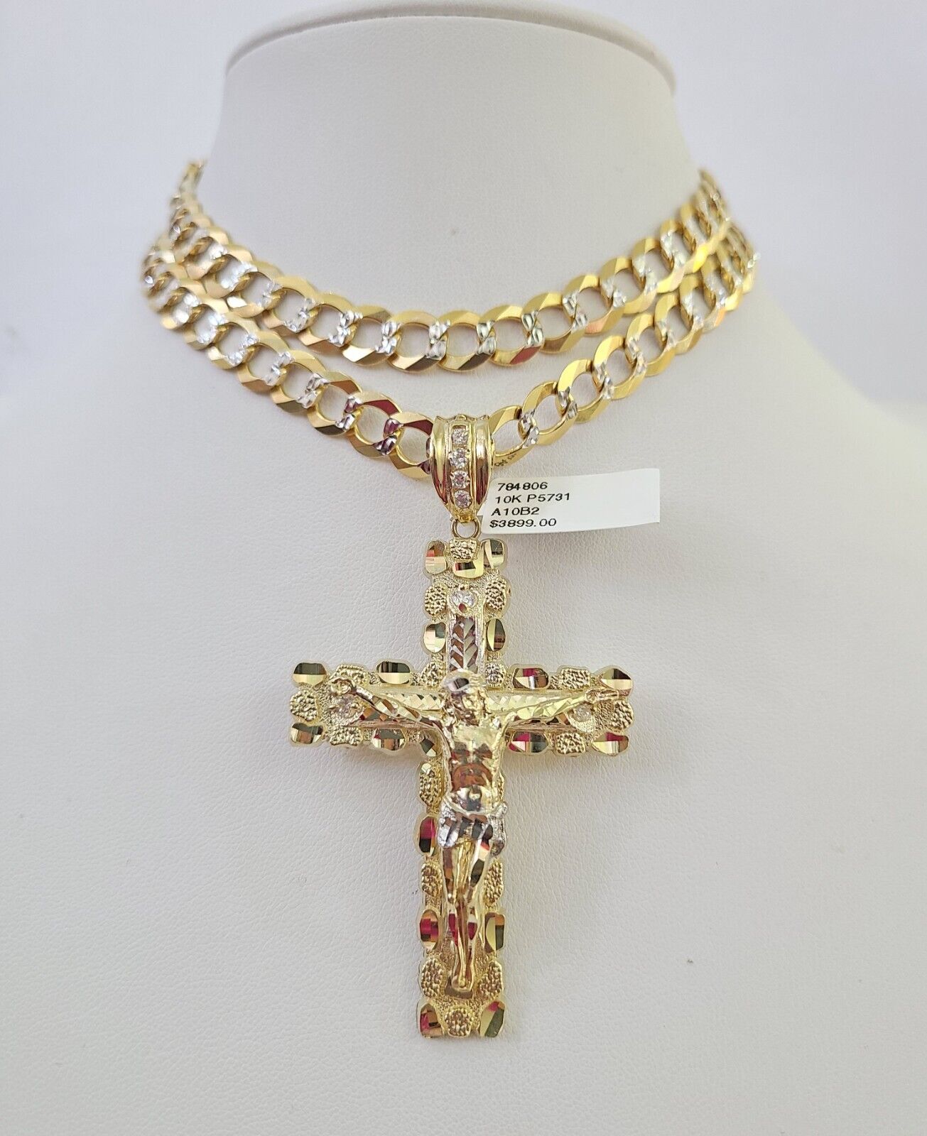 10k Gold Chain Cross Charm Solid Cuban Curb Necklace 9mm 20"-30" Diamond Cut SET