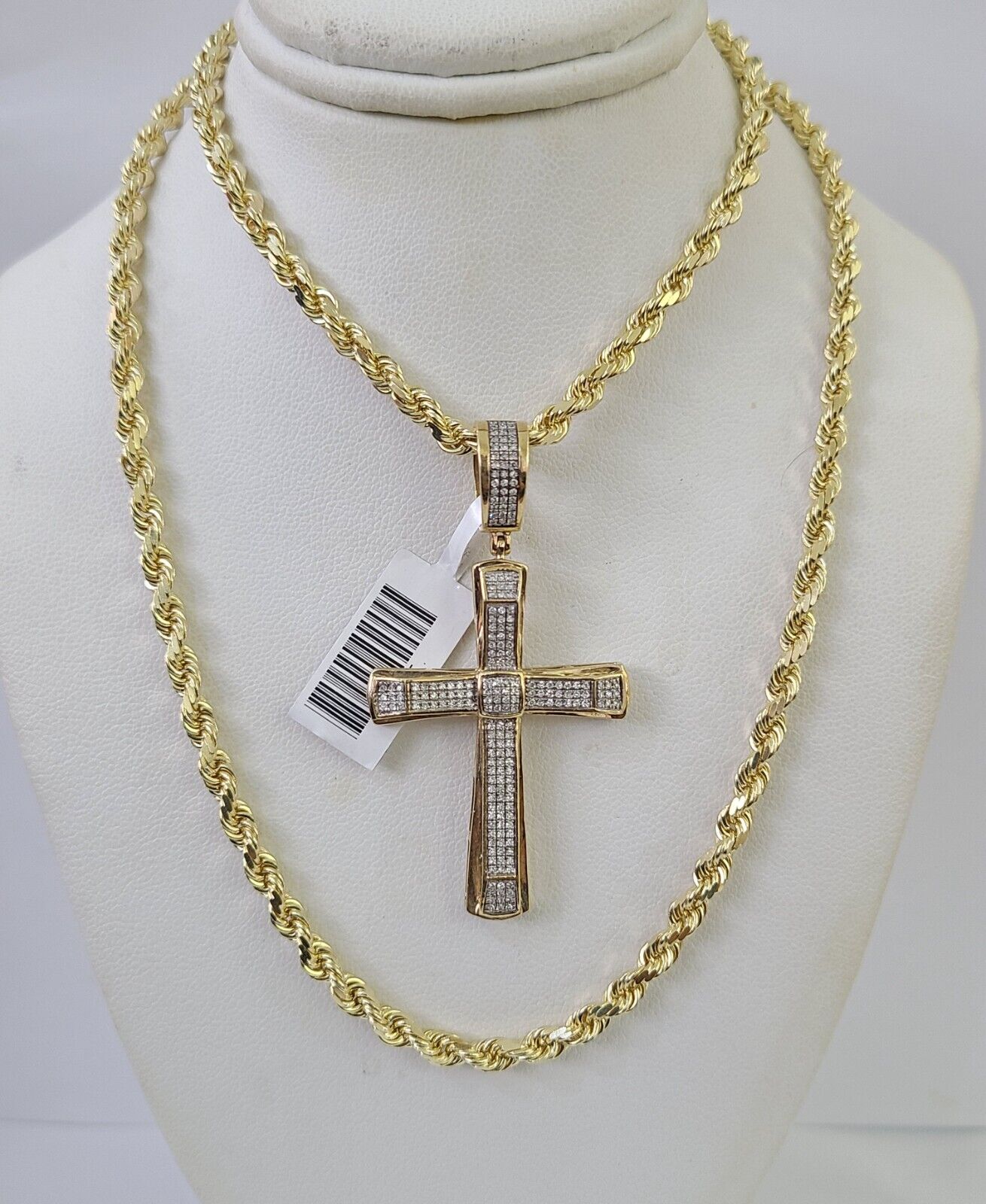 10k Solid Rope Chain Jesus Cross Charm Diamond Set 4mm 20"-28" Necklace Gold