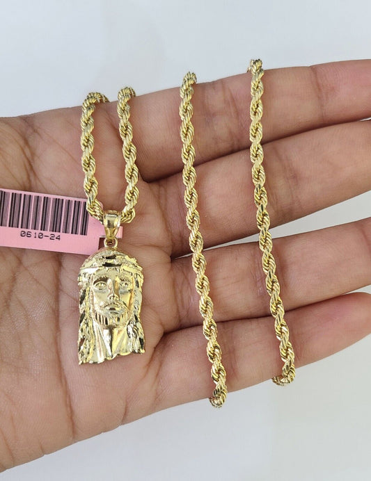 Real 14k Rope Chain Jesus Head Charm Set Yellow Gold 3mm 18-30" Necklace Pendant