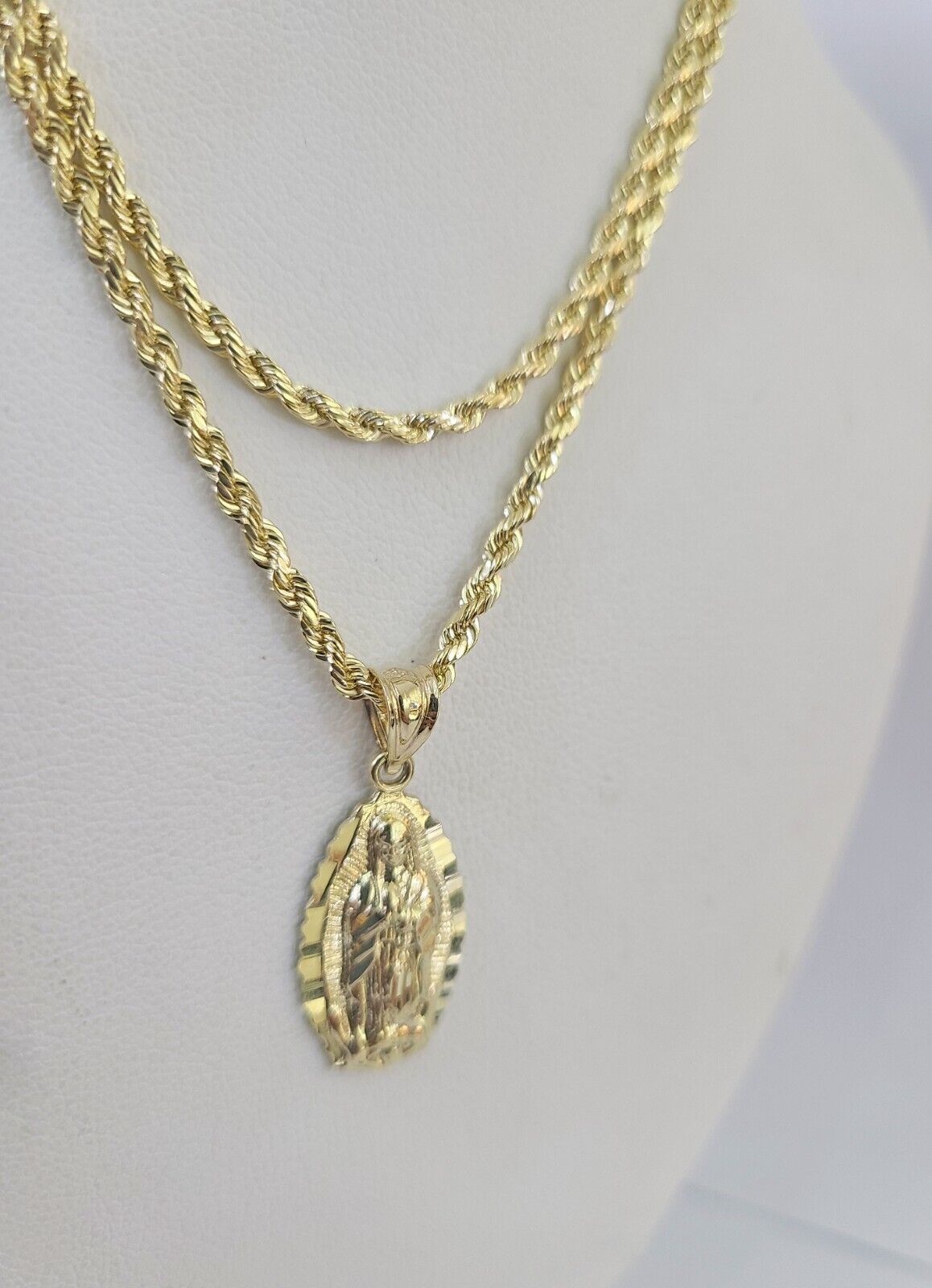 10k Rope Chain Virgin Mary Pendant 18"-30" Yellow Gold Set Charm Necklace 3mm