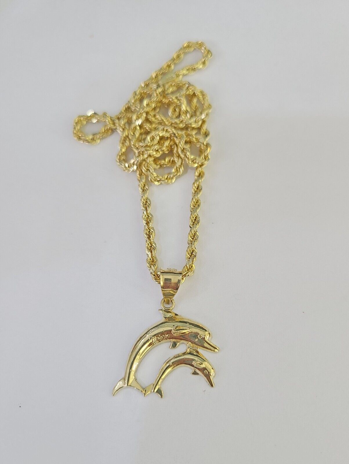 10k 3mm Rope Chain Dolphin Pendant 18" 20" 22" 24" 26" 28" 30" Gold Set Charm