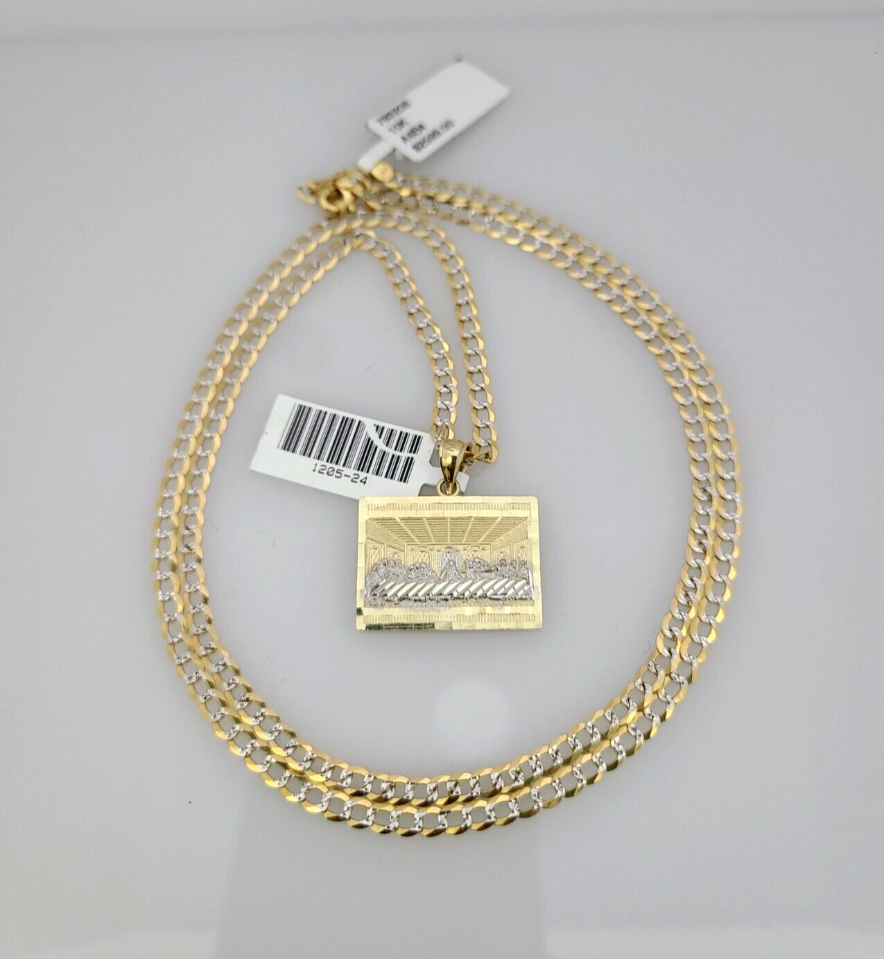 10k Gold Solid Cuban Curb Chain Necklace Last Supper Pendant Set 3mm 18"-26"