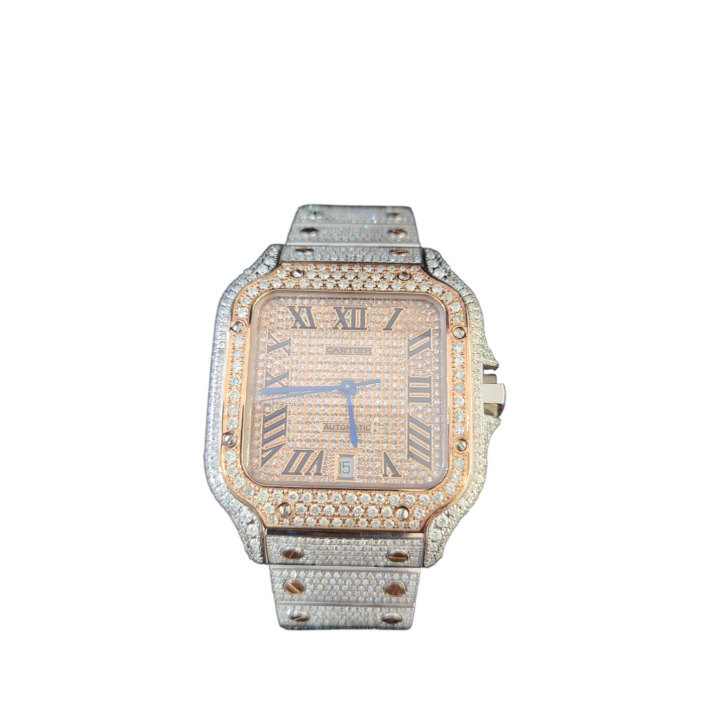 Cartier Santos Men's S.Steel Watch Roman Iced Out 12ct Diamonds 40mm (pre-owned)