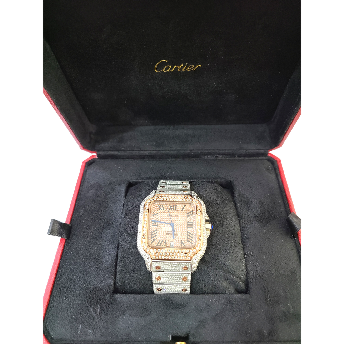 Cartier Santos Men's S.Steel Watch Roman Iced Out 12ct Diamonds 40mm (pre-owned)