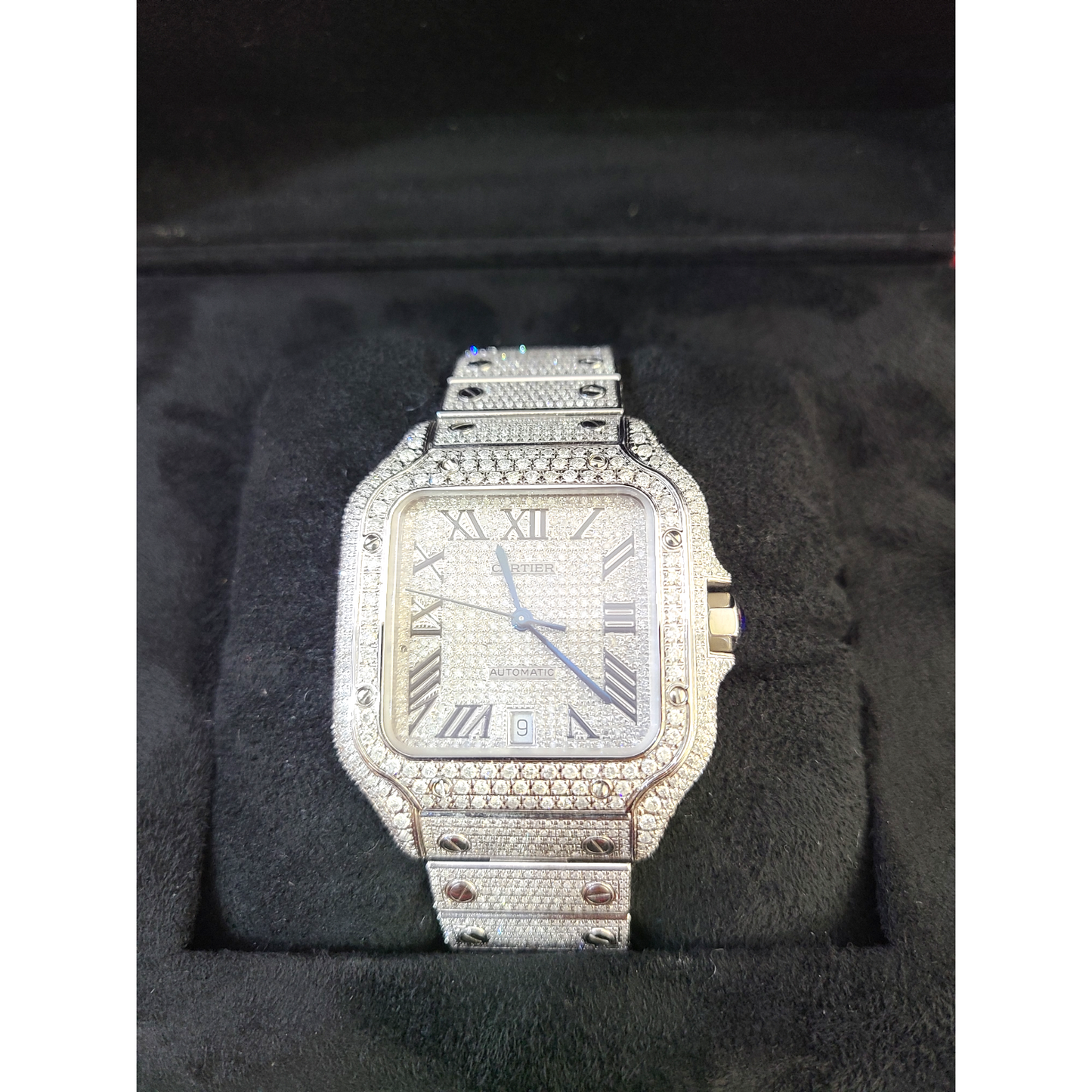 Cartier Santos Mens S.Steel Watch Roman Iced Out 12ct Diamonds 38.8mm (pre-owned)