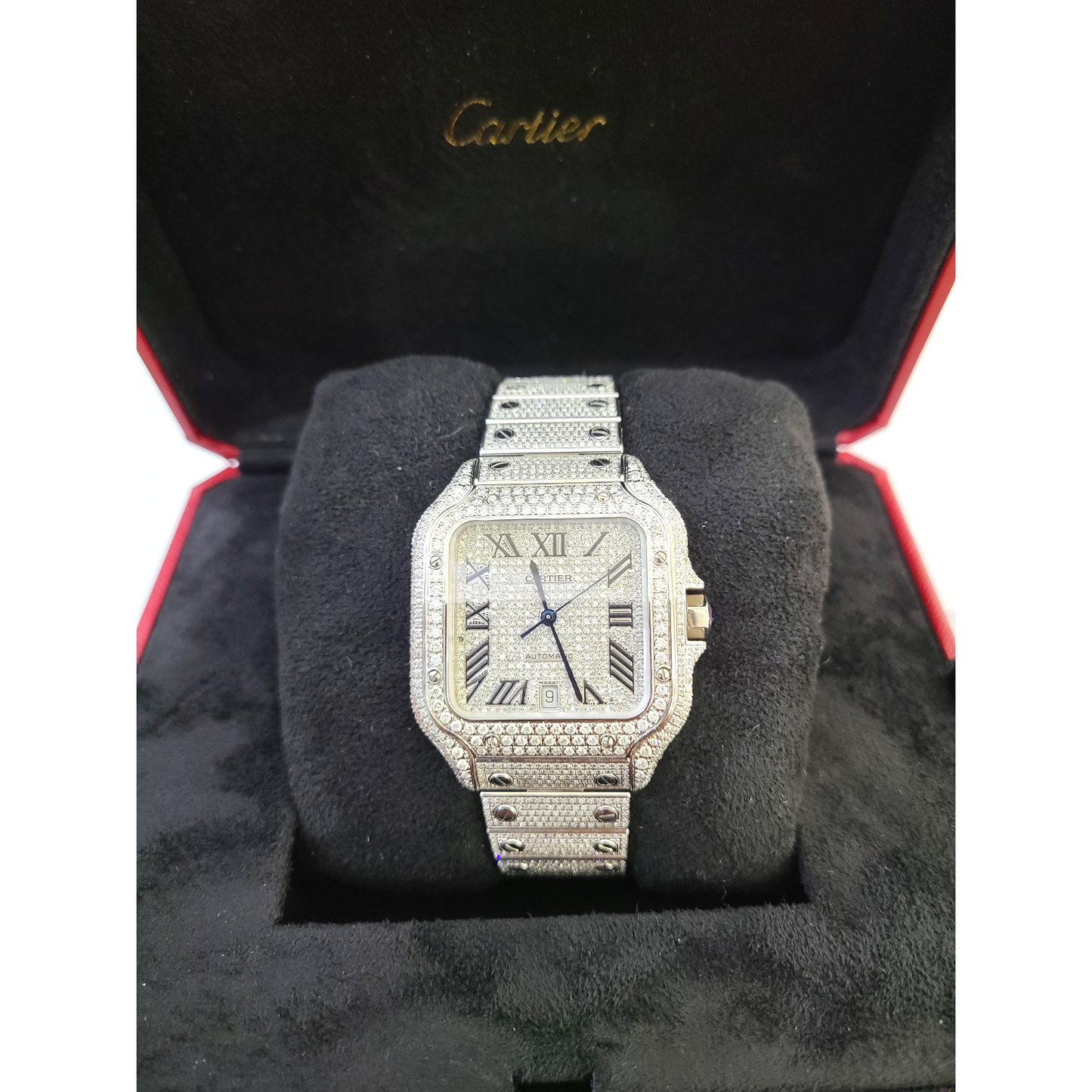 Cartier Santos Mens S.Steel Watch Roman Iced Out 12ct Diamonds 38.8mm (pre-owned)