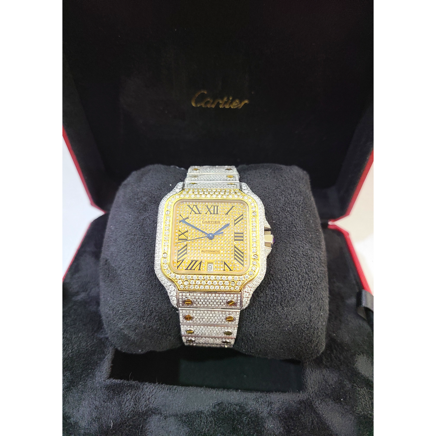 Cartier Santos Men's S.Steel Watch Roman Iced Out 12ct Diamonds (pre-owned)