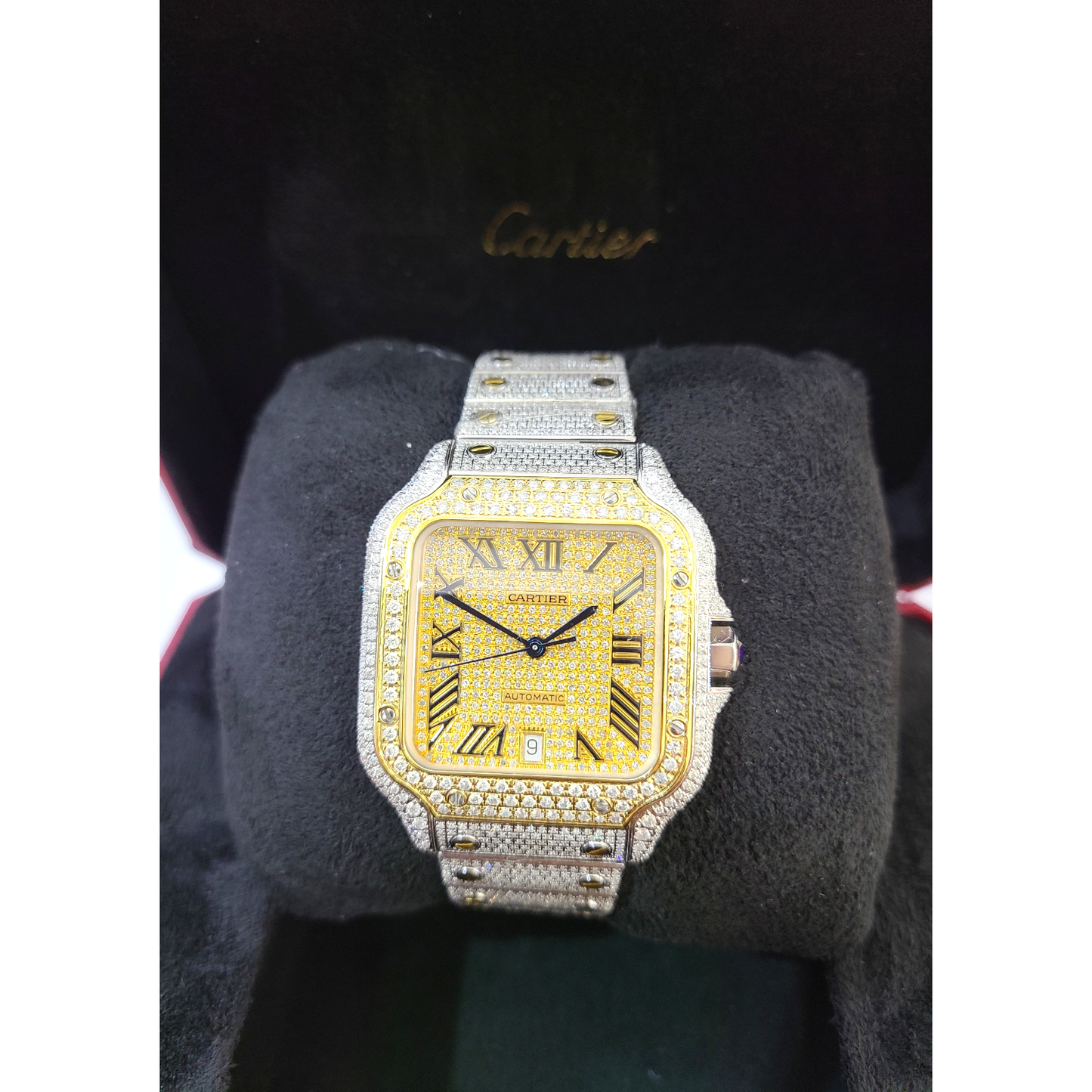 Cartier Santos Men's S.Steel Watch Roman Iced Out 12ct Diamonds (pre-owned)