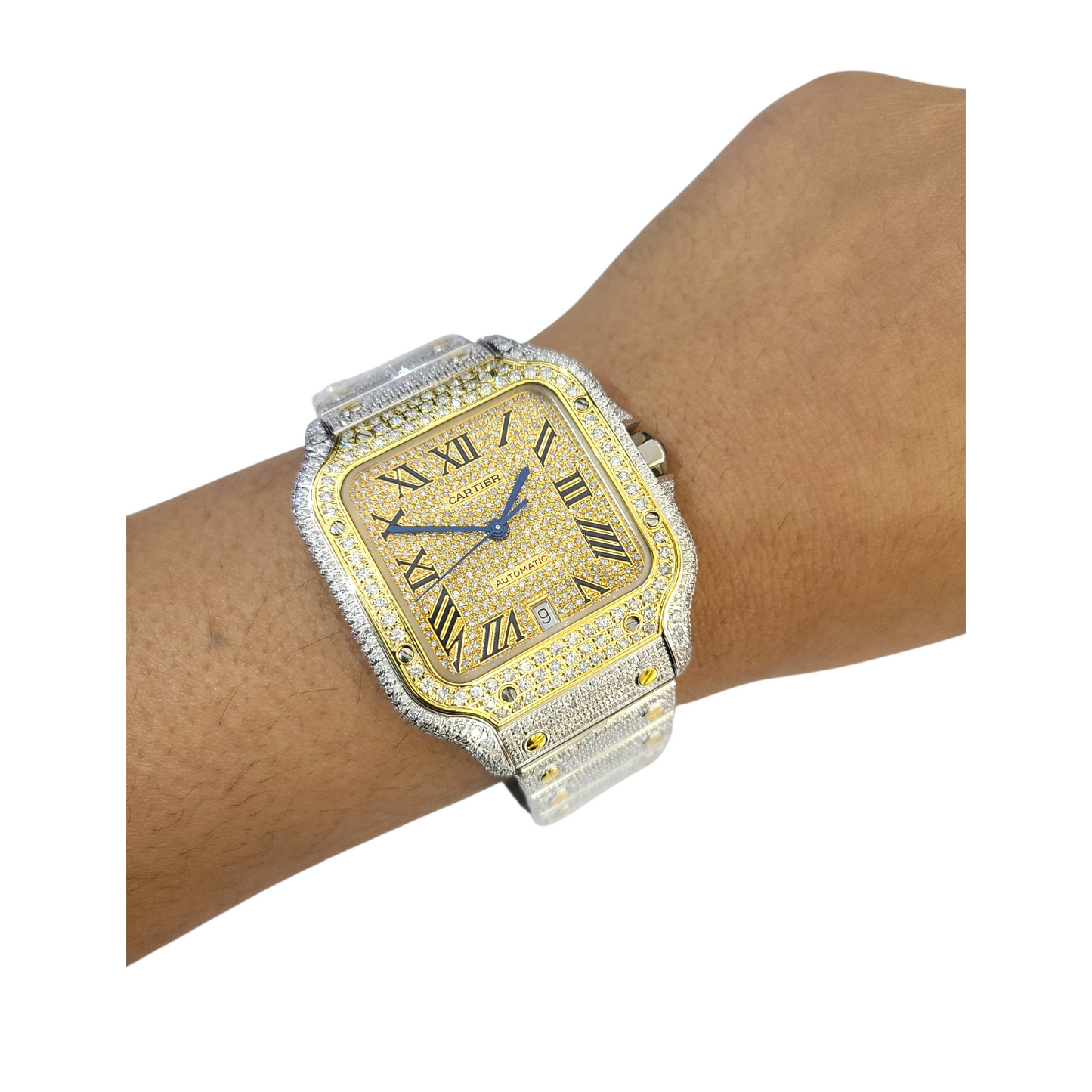 Cartier Santos Men's S.Steel Watch Roman Iced Out 12ct Diamonds (pre-owned)