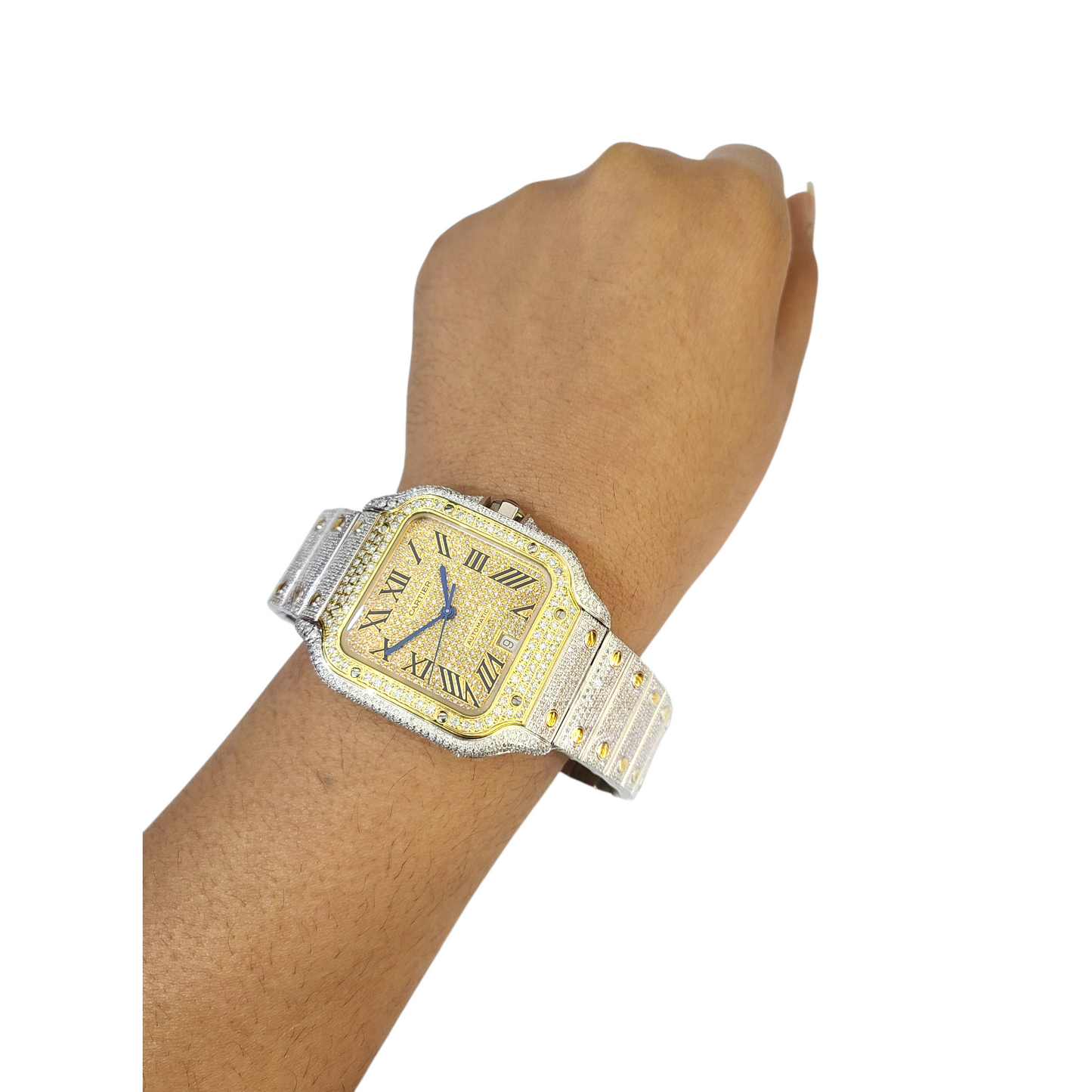 Cartier Santos Men's S.Steel Watch Roman Iced Out 12ct Diamonds (pre-owned)