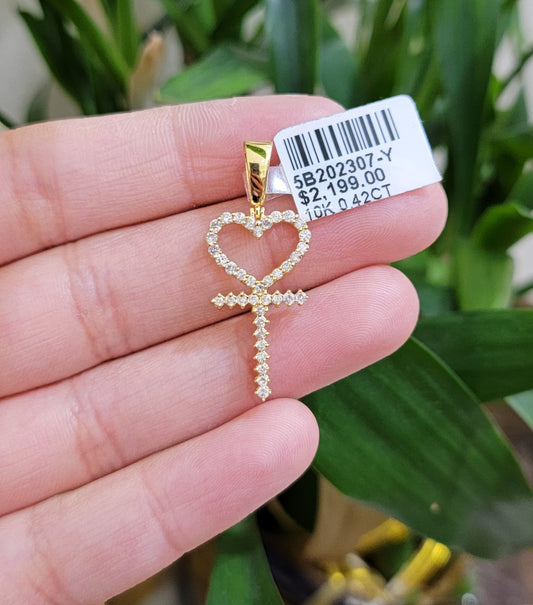 Diamond charm pendant Real 10k gold Natural Diamonds Heart Ankh Cross For Women