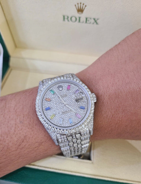 ROLEX Mens Datejust Rainbow Dial Iced Out Fully Load Genuine Diamonds 36mm Watch