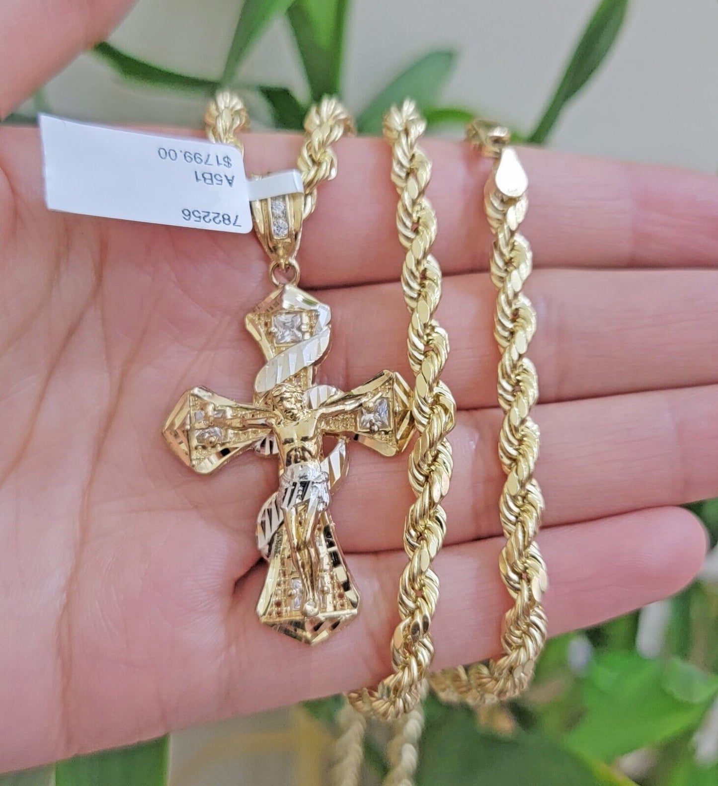 Real 10k Gold Rope Chain 5mm 20 inch Necklace & Jesus Cross Charm Pendant Set