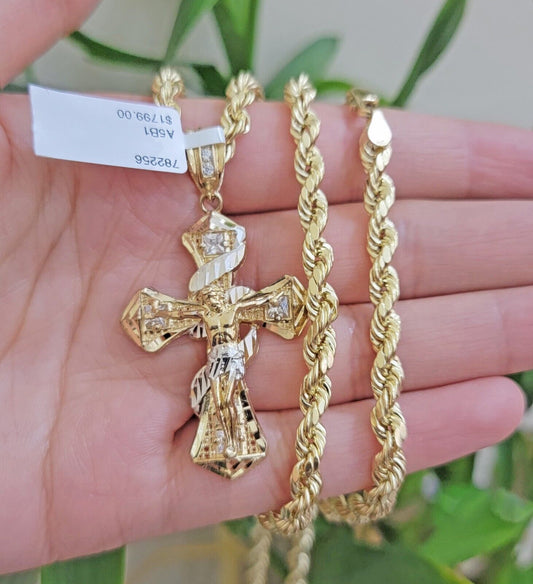 Real 10k Yellow Gold Rope Chain 5mm 24 inch Necklace & Jesus Cross Charm Pendant Set