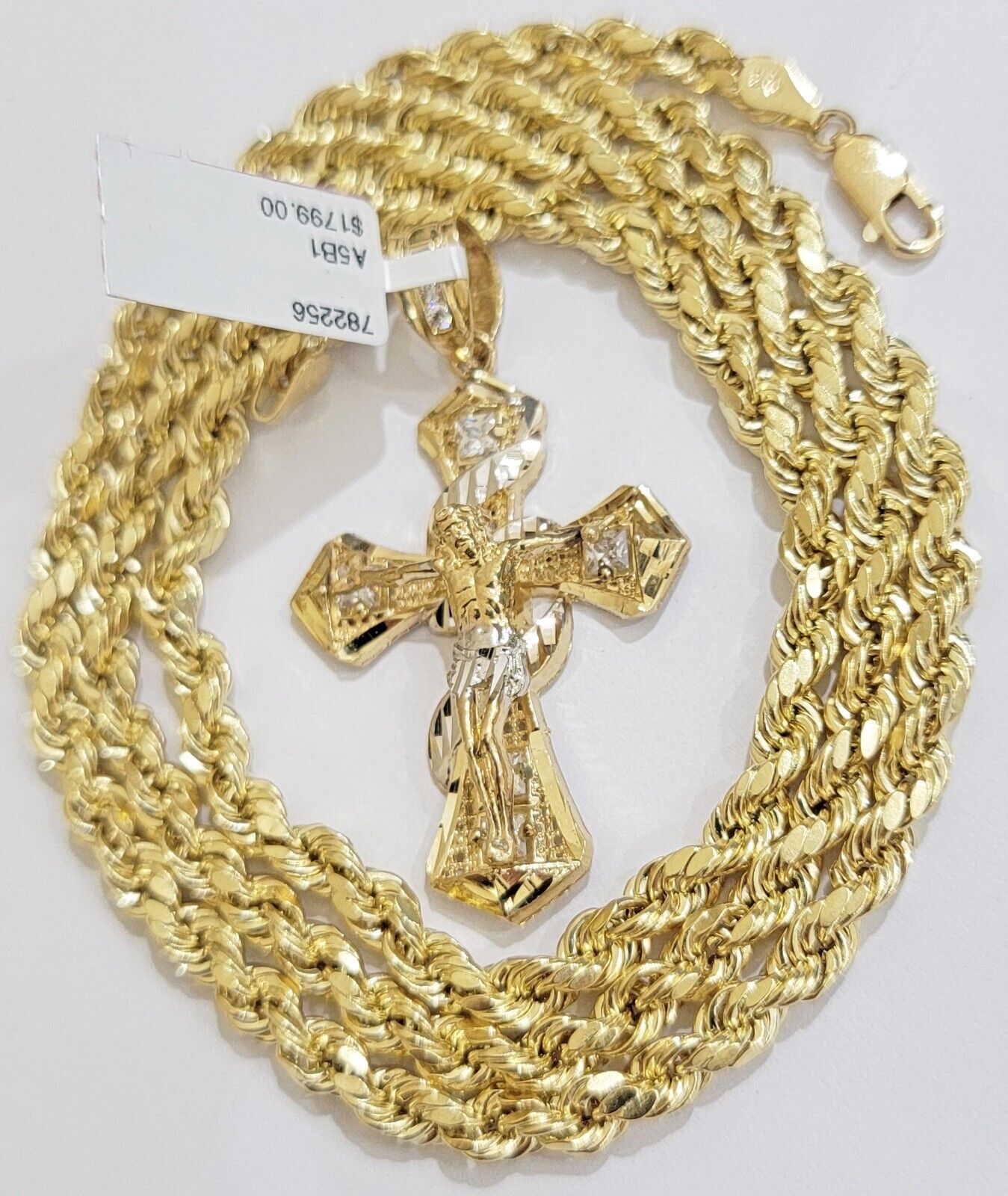 Real 10k Gold Rope Chain 5mm 20 inch Necklace & Jesus Cross Charm Pendant Set