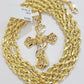 Real 10k Yellow Gold Rope Chain 5mm 24 inch Necklace & Jesus Cross Charm Pendant Set