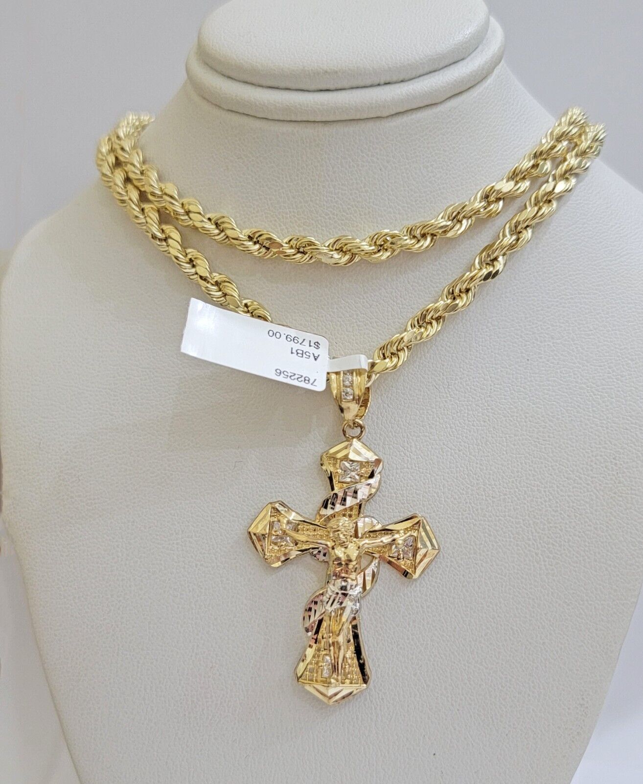 Real 10k Gold Rope Chain 5mm 20 inch Necklace & Jesus Cross Charm Pendant Set