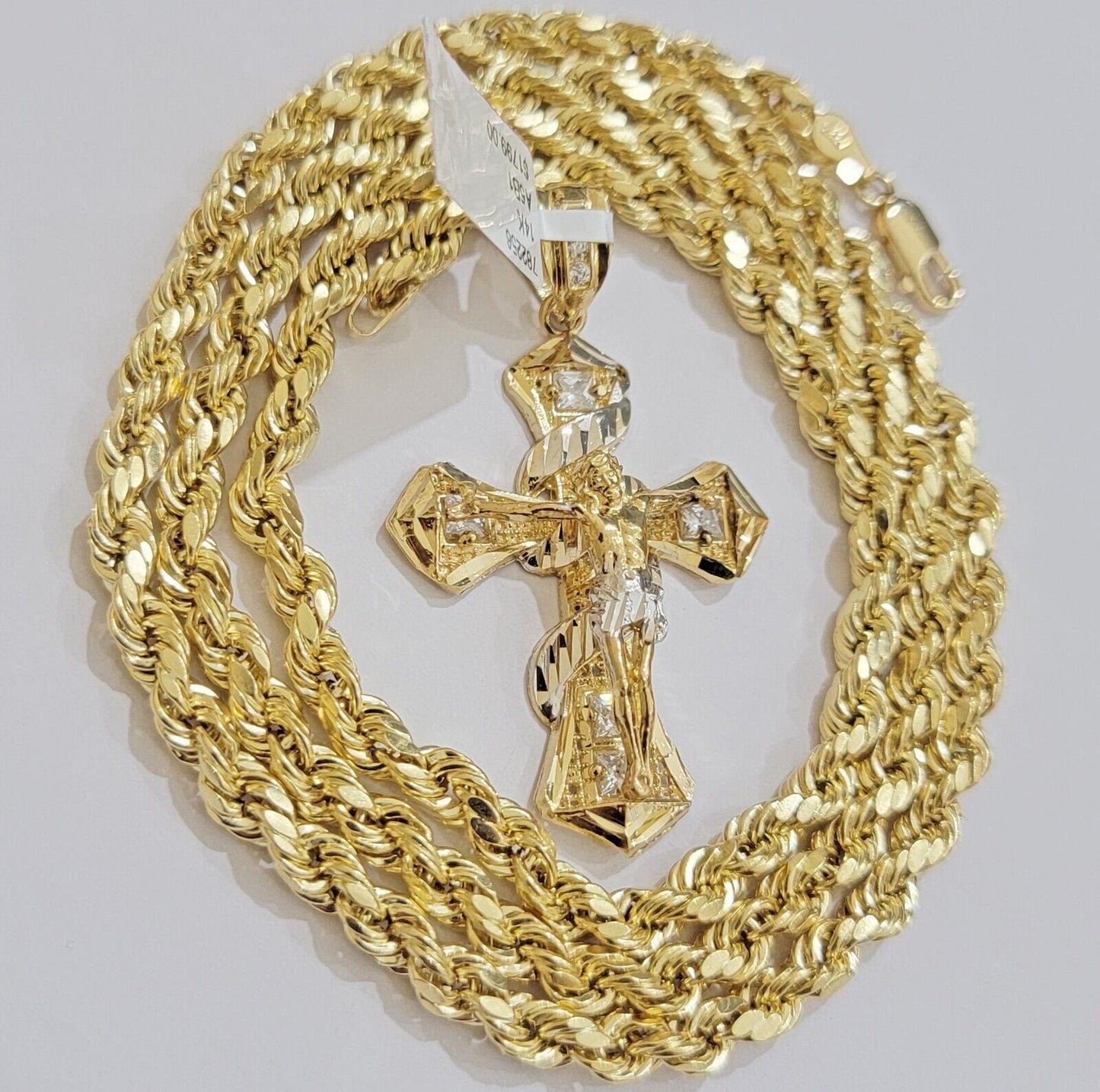 Real 10k Gold Rope Chain 5mm 20 inch Necklace & Jesus Cross Charm Pendant Set