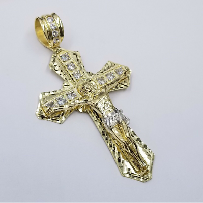 10k Gold Solid Men Jesus cross Charm Nugget Pendant Diamond Cut
