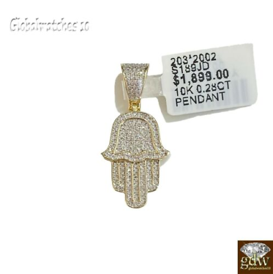 10k Solid Yellow Gold Diamond Hamsa Hand Charm with 26" Miami Cuban Chain 10kt