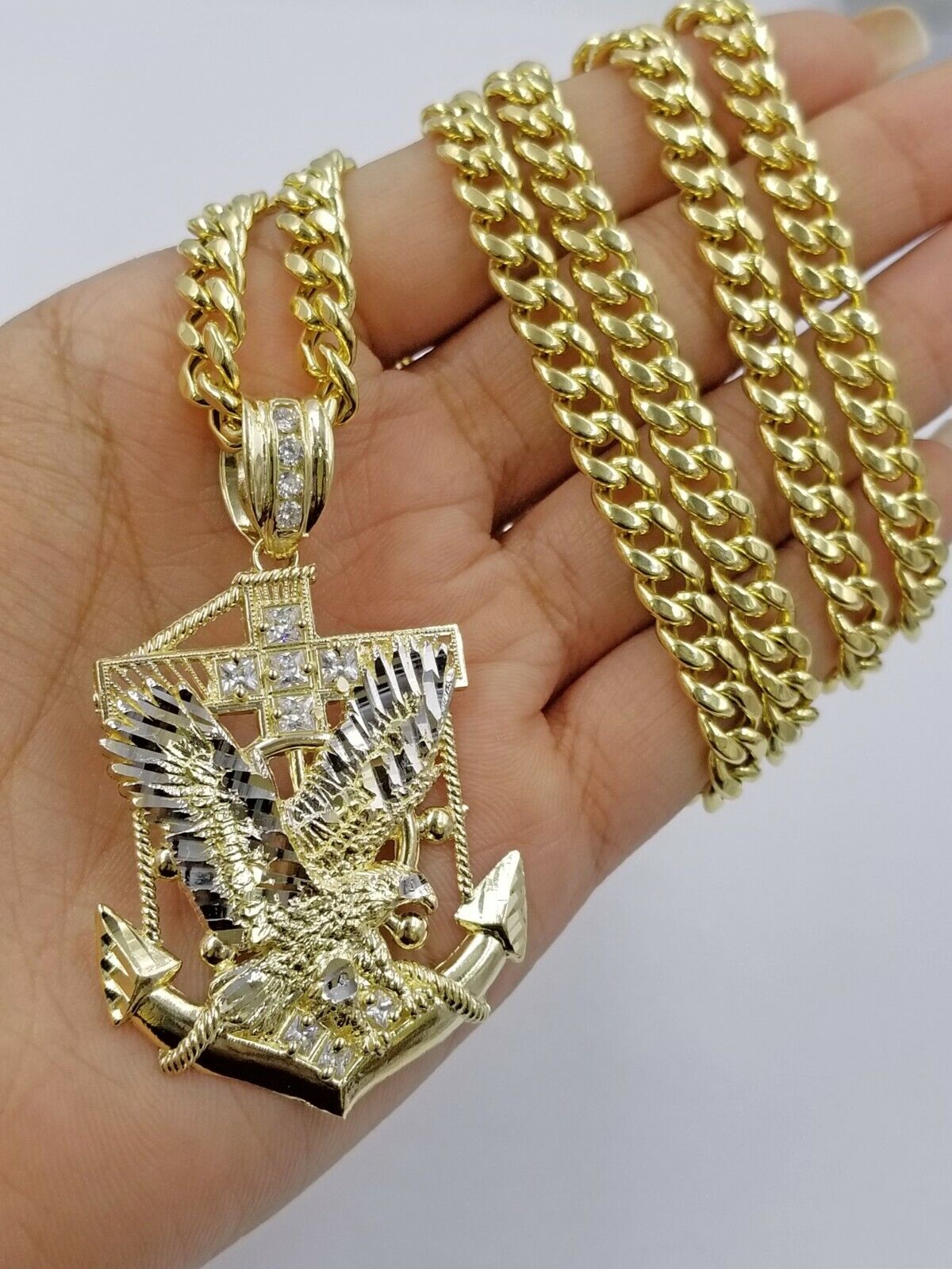 Real 10k Yellow Gold Miami Cuban Chain 24" American Eagle Anchor Charm Pendant