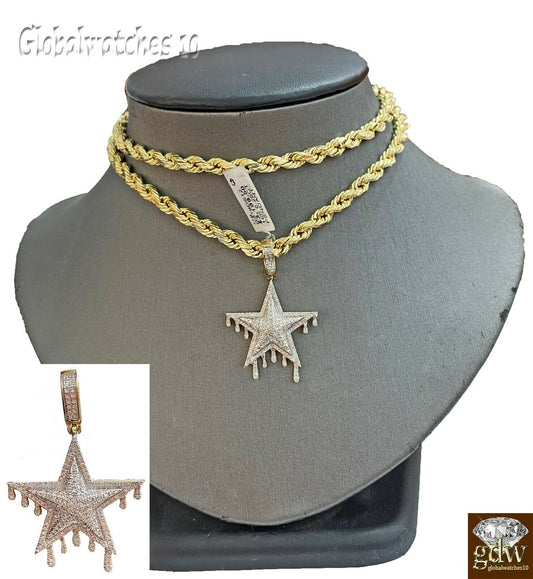 10k Gold Diamond Charm with Rope Chain in 20 22 24 26 inch Star Shape Pendant