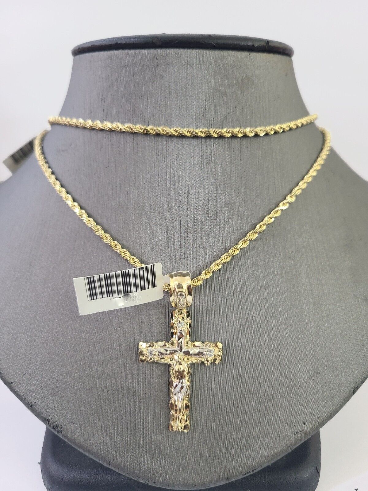 14k Yellow Gold Rope Chain 2.5mm 20Inches & Jesus Nugget Cross Charm SET