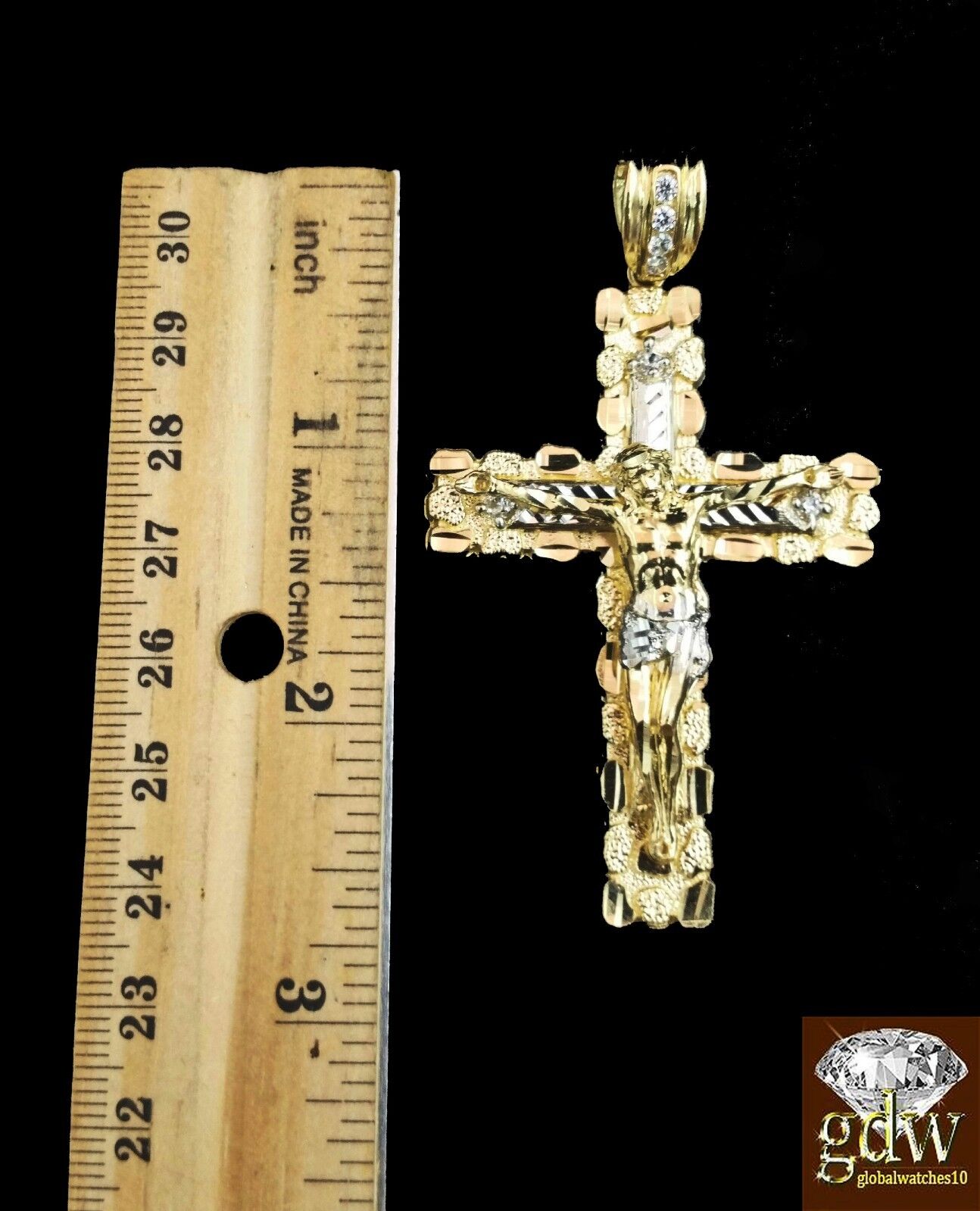 Real 10K Yellow Gold 28 Inch Rope Chain with Jesus Cross Charm Pendant