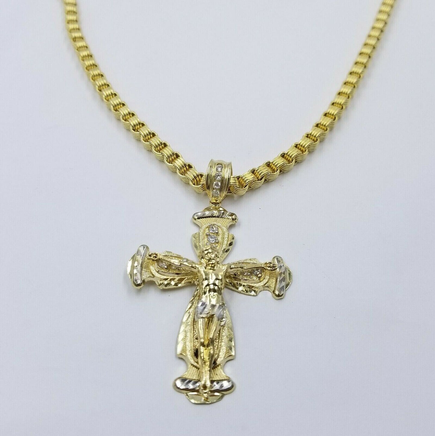 10k Gold Jesus Cross Charm Byzantine Chain 24" Necklace Real 10k Yellow Gold SET