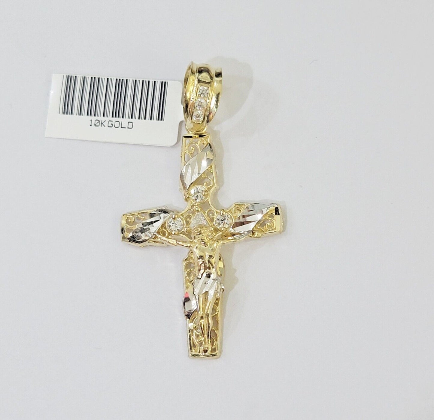 10k Yellow Gold Jesus Cross Spiral Charm pendant Diamond Cut Crucifix