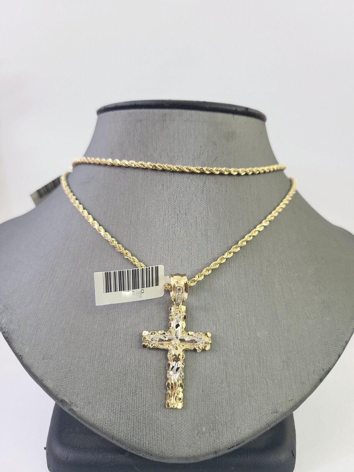 14k Yellow Gold Rope Chain 2.5mm 22Inches & Jesus Nugget Cross Charm SET