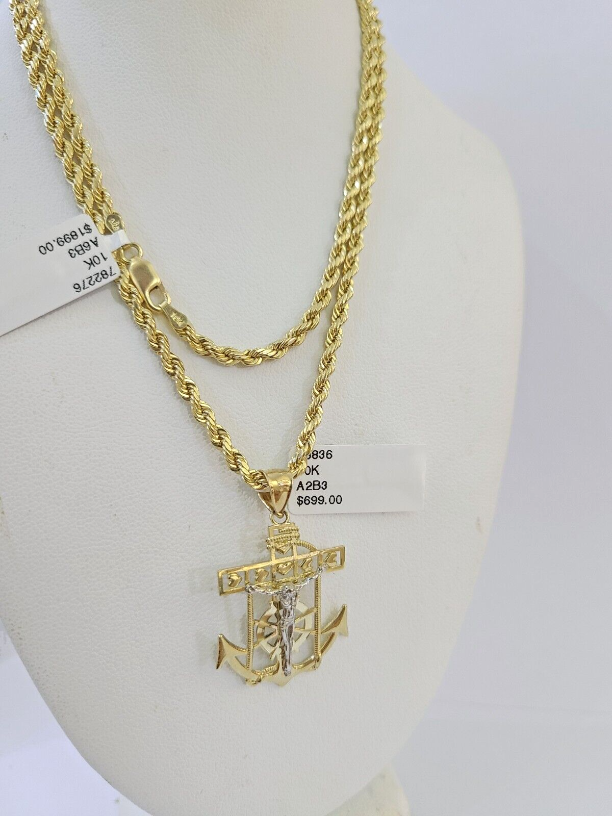 10k Gold Anchor Jesus Pendant Rope Chain 3mm 22'' Necklace Set Diamond Cut