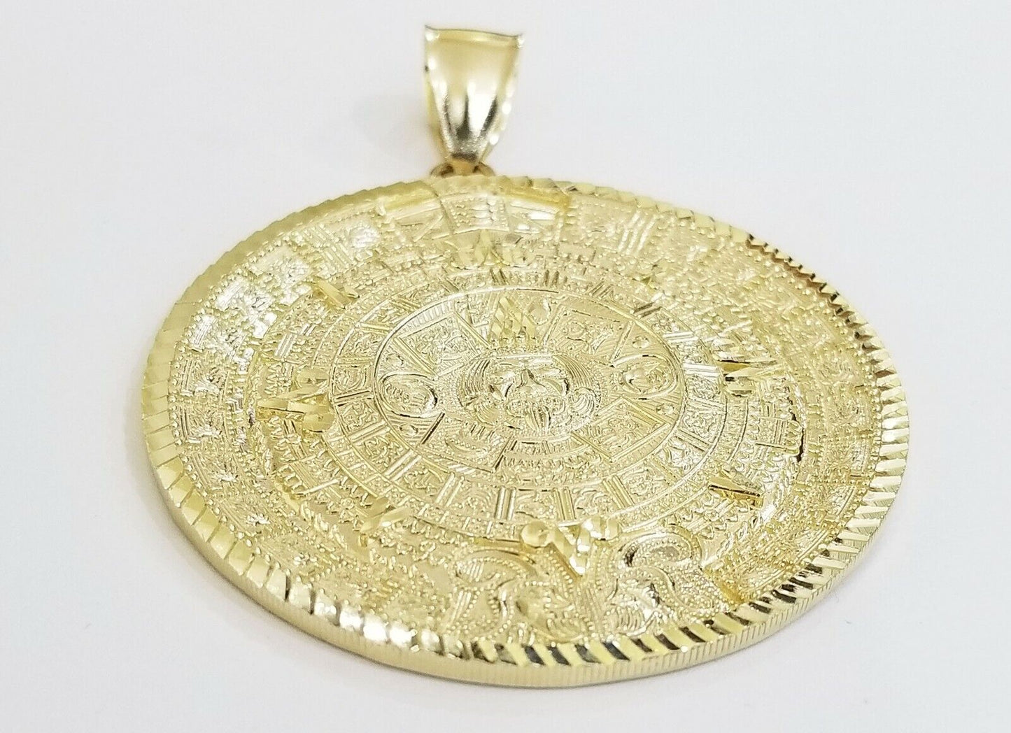 10k Real Gold Aztec Calendar Pendant Charm 3mm 20" 22" 24"  Franco Chain